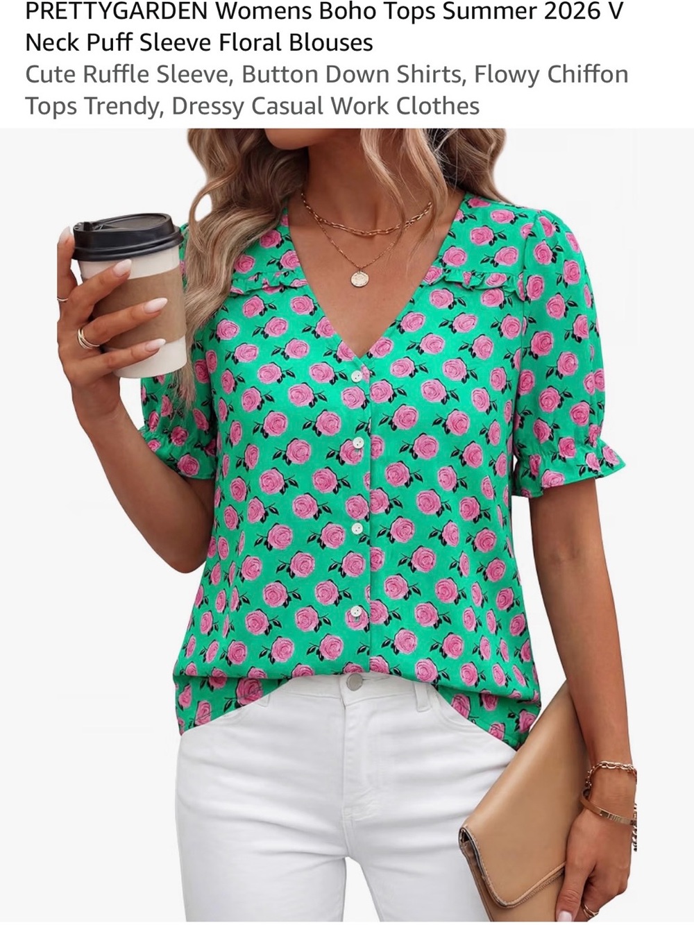 V-Neck Pink Rose Print Blouse in Bright Green